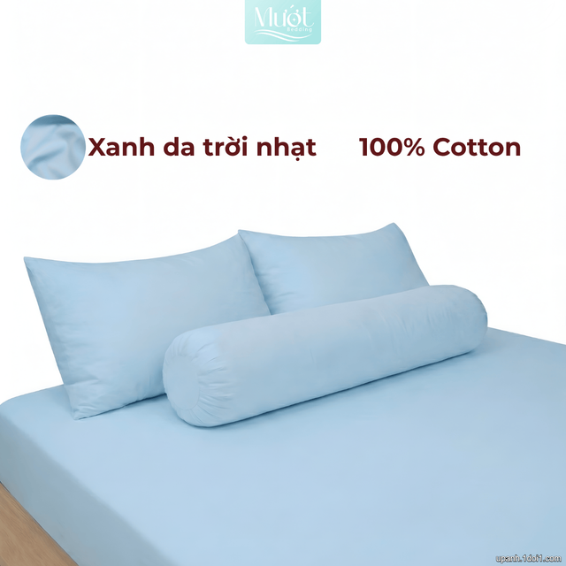 Bộ ga gối lụa Cotton Satin trơn màu - Mướt Bedding, bộ 4 món cao cấp Xanh da trời 2m2x2m (Dày 35 trở lên)
