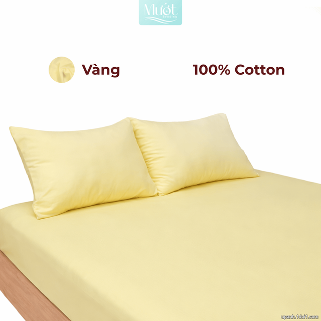 Bộ ga gối lụa Cotton Satin trơn màu - Mướt Bedding, bộ 3 món cao cấp Vàng 1m2x2m (Dày 5-12cm)