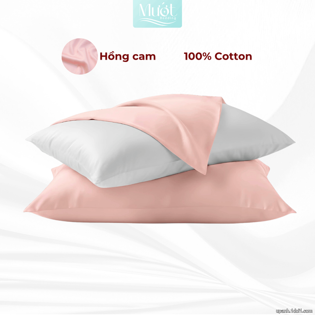 Combo 2 Gối nằm cao cấp Mướt Bedding | Vỏ gối lụa Cotton Satin + Ruột gối gòn lông vũ êm ái, thoáng mát, đầy đủ kích thước - Hồng cam - 50x70cm 2 viền