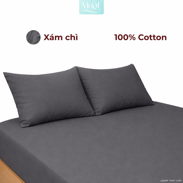 Bộ ga gối lụa Cotton Satin trơn màu - Mướt Bedding, bộ 3 món cao cấp Xám chì 1m6x2m (Dày 23-35cm)
