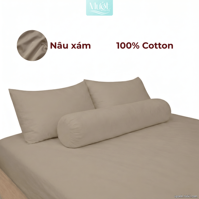 Bộ ga gối lụa Cotton Satin trơn màu - Mướt Bedding, bộ 4 món cao cấp Nâu xám 2m2x2m (Dày 35 trở lên)