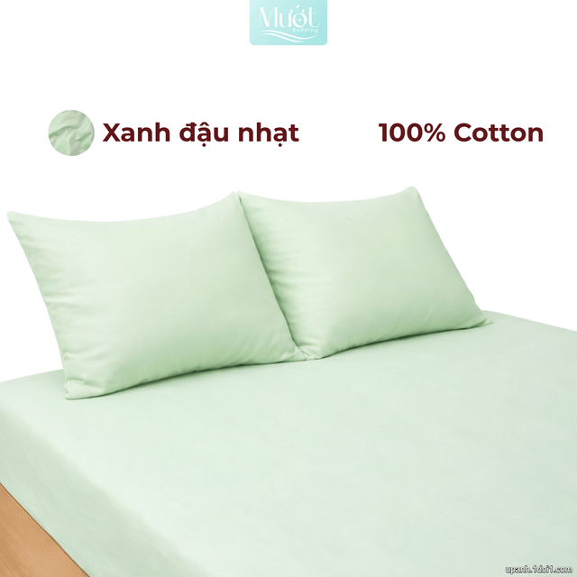 Bộ ga gối lụa Cotton Satin trơn màu - Mướt Bedding, bộ 3 món cao cấp Xanh đậu nhạt 1m8x2m (Dày 13-22cm)