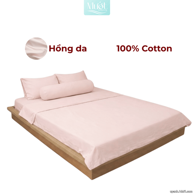 Bộ 5 món ga gối lụa ( vỏ chăn )Cotton Satin trơn màu - Mướt Bedding, bộ 5 món cao cấp Hồng da 2m2x2m (Dày 13-22cm)