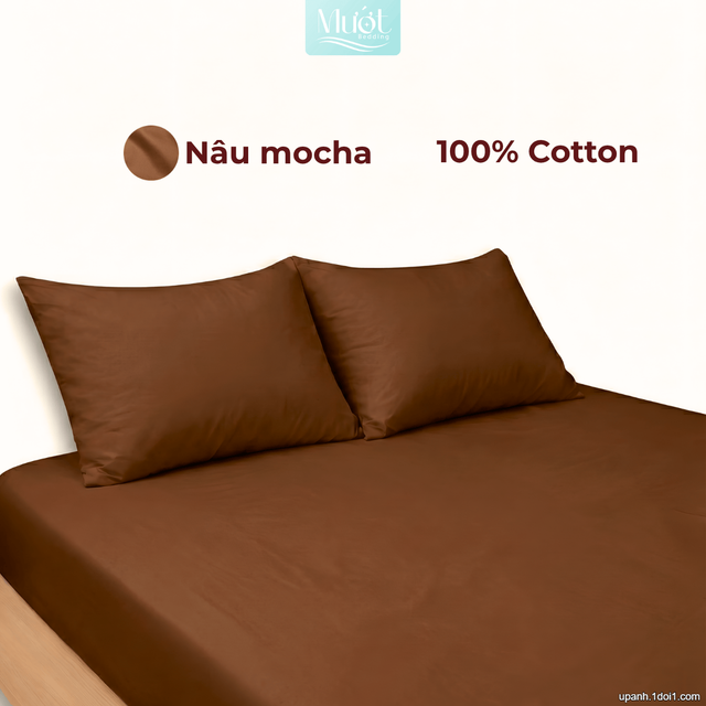 Bộ ga gối lụa Cotton Satin trơn màu - Mướt Bedding, bộ 3 món cao cấp Nâu mocha 2mx2m (Dày 35cm trở lên)