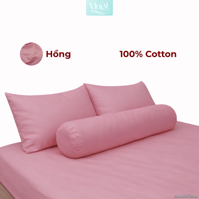 Bộ ga gối lụa Cotton Satin trơn màu - Mướt Bedding, bộ 4 món cao cấp Hồng 2mx2m (Dày 5-12cm)