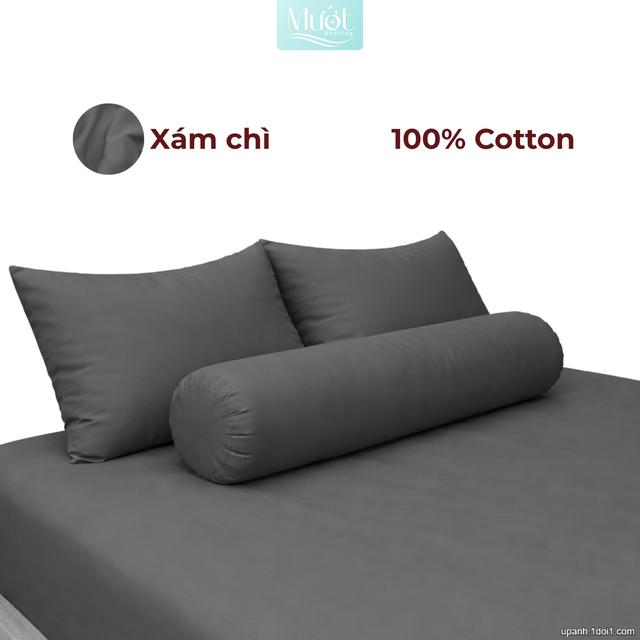 Bộ ga gối lụa Cotton Satin trơn màu - Mướt Bedding, bộ 4 món cao cấp Xám chì 1m2x2m (Dày 35 trở lên)