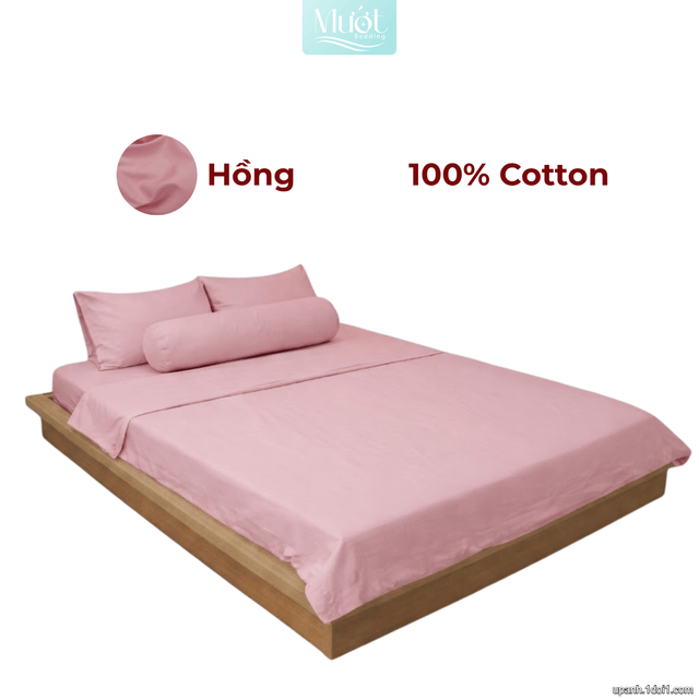 Bộ 5 món ga gối lụa ( vỏ chăn )Cotton Satin trơn màu - Mướt Bedding, bộ 5 món cao cấp Hồng 1m8x2m (Dày 23-35cm)