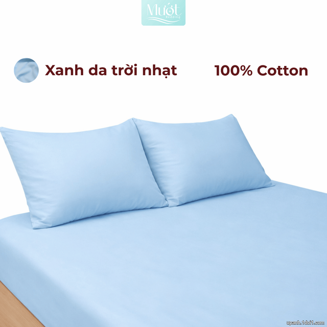 Bộ ga gối lụa Cotton Satin trơn màu - Mướt Bedding, bộ 3 món cao cấp Xanh da trời 1m6x2m (Dày 35cm trở lên)