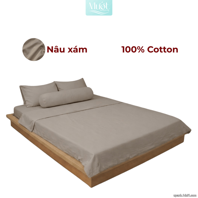 Bộ 5 món ga gối lụa ( vỏ chăn )Cotton Satin trơn màu - Mướt Bedding, bộ 5 món cao cấp Nâu xám 2m2x2m (Dày 35cm trở lên)