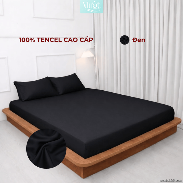 Bộ 4 món ga gối Lụa Tencel 60s - Đen - 1m6x2m (Dày 35cm trở lên)
