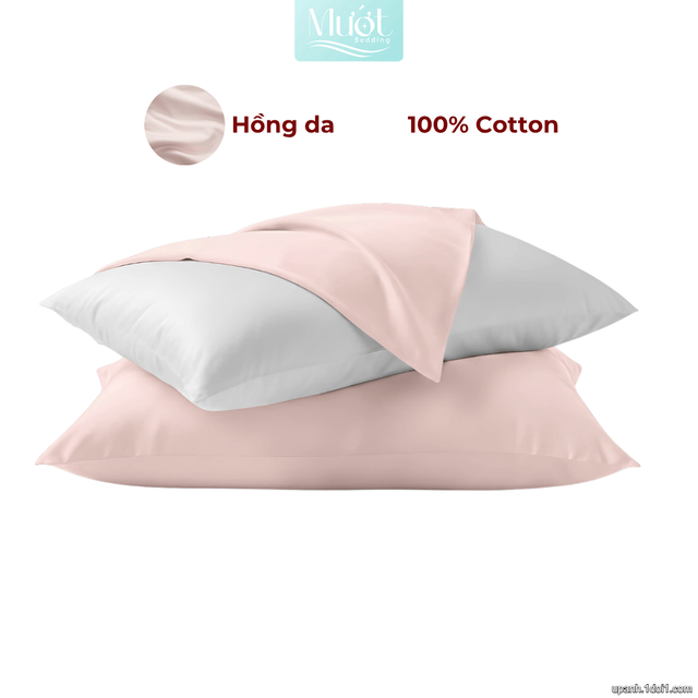 Combo 2 Gối nằm cao cấp Mướt Bedding | Vỏ gối lụa Cotton Satin + Ruột gối gòn lông vũ êm ái, thoáng mát, đầy đủ kích thước - Hồng da - 50x70cm