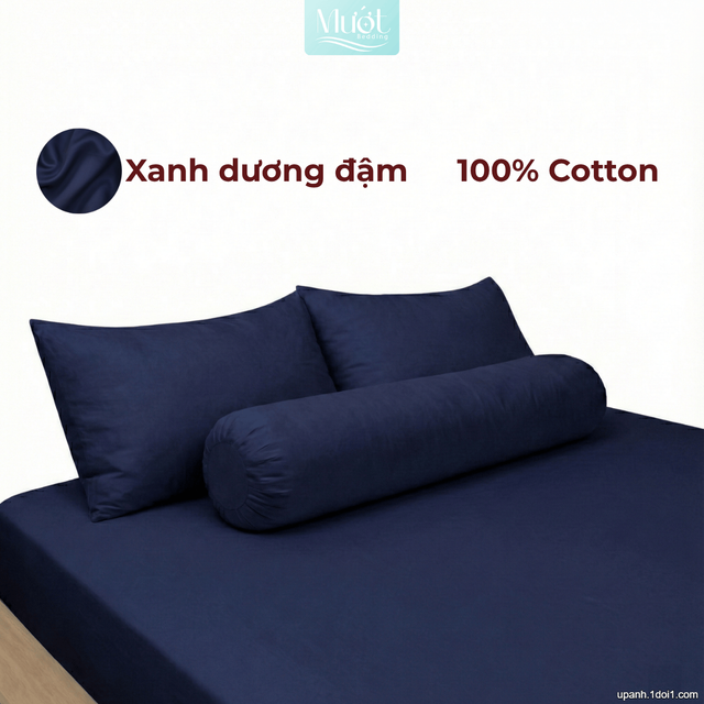 Bộ ga gối lụa Cotton Satin trơn màu - Mướt Bedding, bộ 4 món cao cấp Xanh dương đậm 1m8x2m (Dày 35 trở lên)