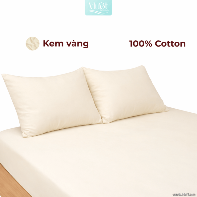 Bộ ga gối lụa Cotton Satin trơn màu - Mướt Bedding, bộ 3 món cao cấp Kem vàng 2m2x2m (Dày 5-12cm)