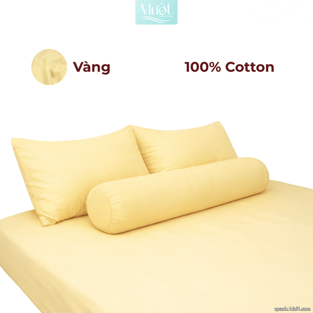 Bộ ga gối lụa Cotton Satin trơn màu - Mướt Bedding, bộ 4 món cao cấp Vàng 1m2x2m (Dày 13-22cm)