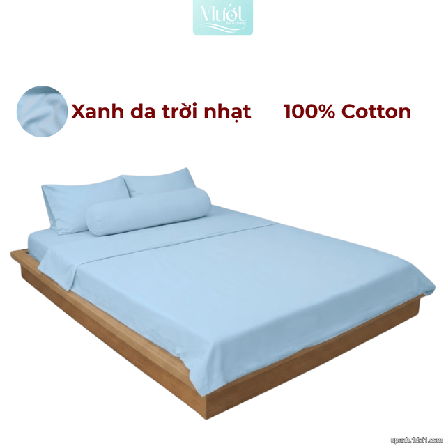 Bộ 5 món ga gối lụa ( vỏ chăn )Cotton Satin trơn màu - Mướt Bedding, bộ 5 món cao cấp Xanh da trời 2mx2m (Dày 35cm trở lên)