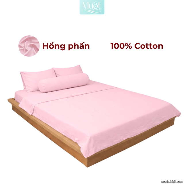 Bộ 5 món ga gối lụa ( vỏ chăn )Cotton Satin trơn màu - Mướt Bedding, bộ 5 món cao cấp Hồng phấn 2mx2m (Dày 13-22cm)