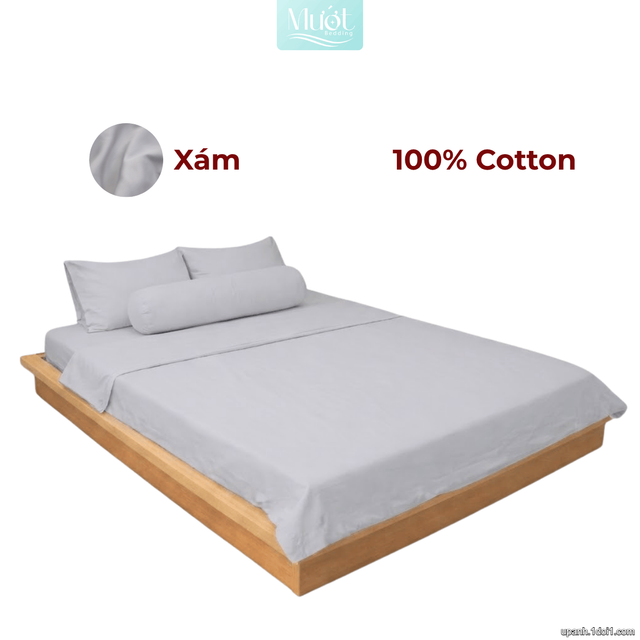 Bộ 5 món ga gối lụa ( vỏ chăn )Cotton Satin trơn màu - Mướt Bedding, bộ 5 món cao cấp Xám 1m2x2m (Dày 5-12cm)
