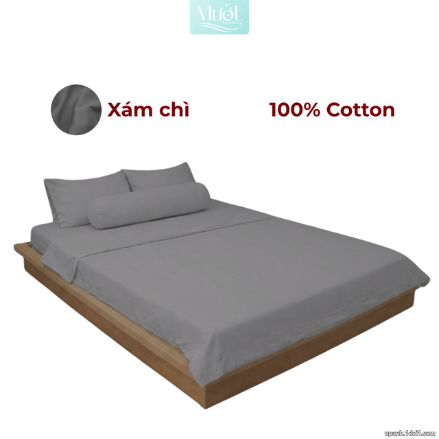 Bộ 5 món ga gối lụa ( vỏ chăn )Cotton Satin trơn màu - Mướt Bedding, bộ 5 món cao cấp Xám chì 2m2x2m (Dày 35cm trở lên)