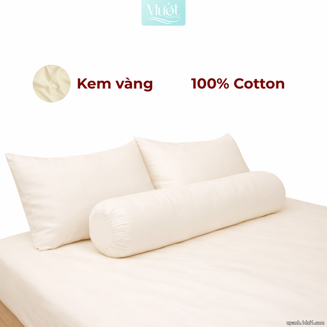 Bộ ga gối lụa Cotton Satin trơn màu - Mướt Bedding, bộ 4 món cao cấp Kem vàng 1m4x2m (Dày 35 trở lên)