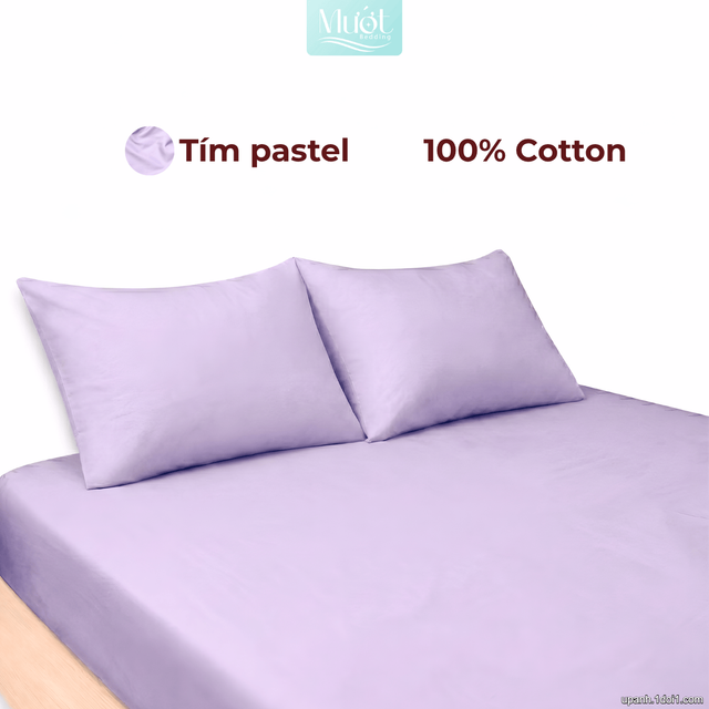 Bộ ga gối lụa Cotton Satin trơn màu - Mướt Bedding, bộ 3 món cao cấp Tím pastel 1m8x2m (Dày 35cm trở lên)