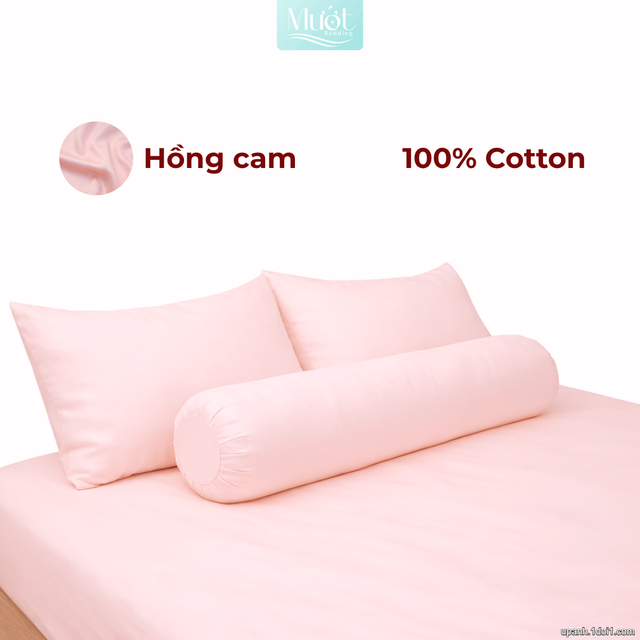 Bộ ga gối lụa Cotton Satin trơn màu - Mướt Bedding, bộ 4 món cao cấp Hồng cam 2mx2m (Dày 13-22cm)