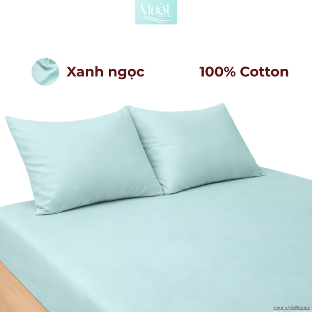 Bộ ga gối lụa Cotton Satin trơn màu - Mướt Bedding, bộ 3 món cao cấp Xanh ngọc 1m4x2m (Dày 23-35cm)