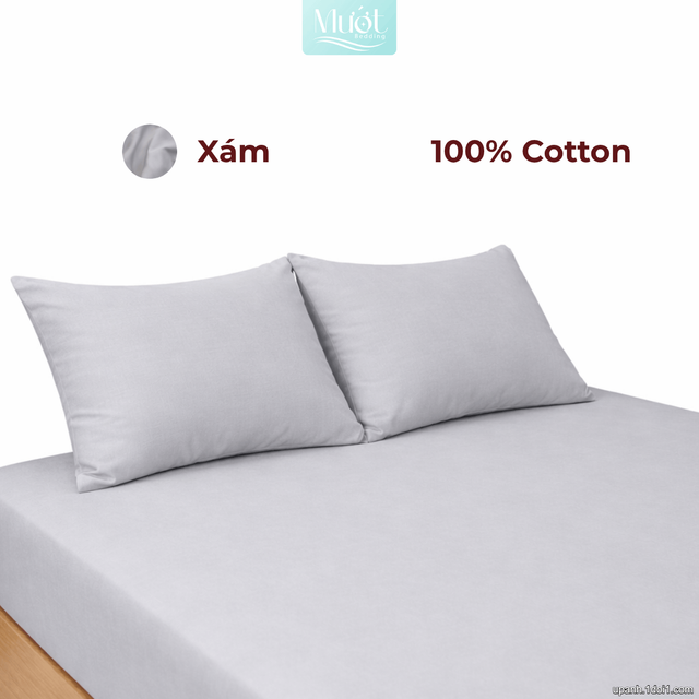 Bộ ga gối lụa Cotton Satin trơn màu - Mướt Bedding, bộ 3 món cao cấp Xám 2m2x2m (Dày 13-22cm)