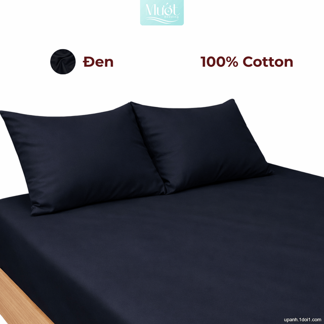 Bộ ga gối lụa Cotton Satin trơn màu - Mướt Bedding, bộ 3 món cao cấp Đen 2m2x2m (Dày 35cm trở lên)