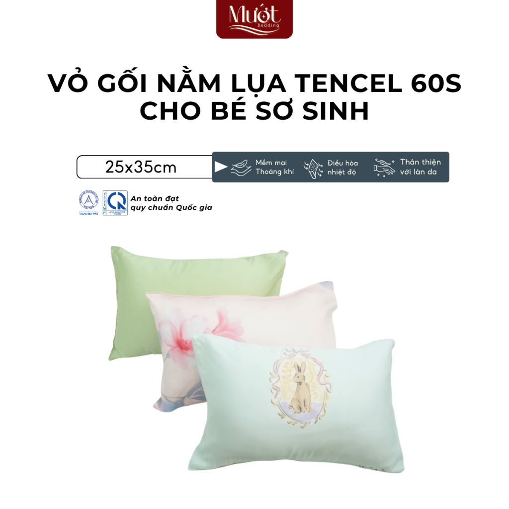 Vỏ gối cho bé sơ sinh Lụa Tencel 60s, hoạ tiết, trơn, ngẫu nhiên an toàn cho da mềm, mịn, thoáng mát, kích thước 25x35cm