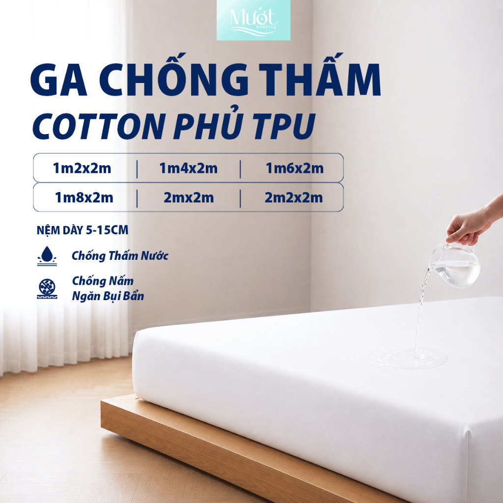 Ga chống thấm bảo vệ đệm 1m2 1m4 1m6 1m8 2m 2m2 (Dày 5-15cm) Cotton phủ TPU kháng nước Mướt Bedding cao cấp, bo chun