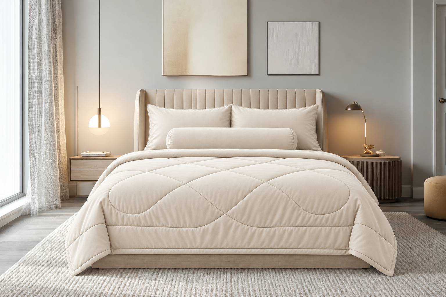 Phòng ngủ với bộ chăn ga Tencel Mướt Bedding tông kem
