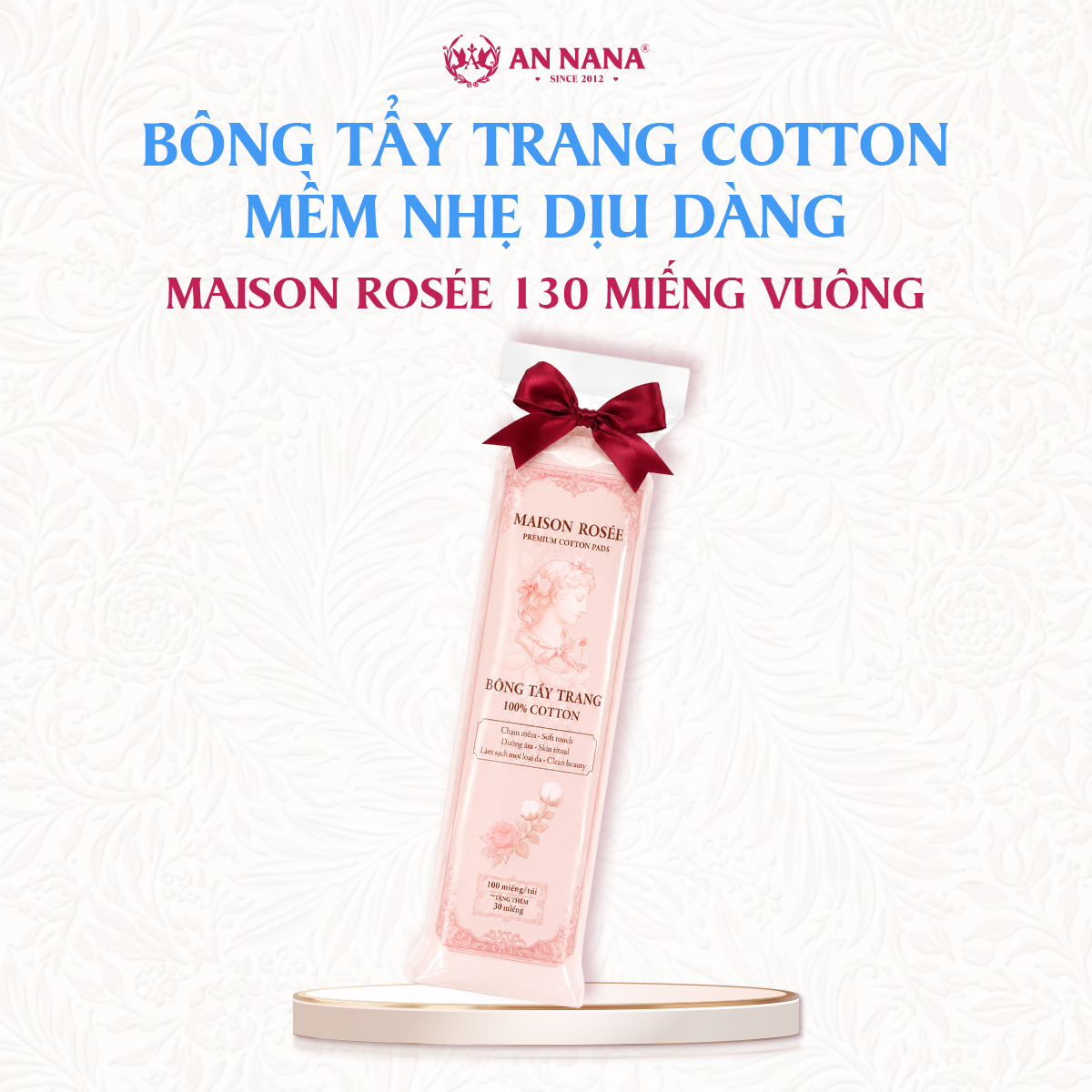 Bông tẩy trang cotton cao cấp Maison Rosée 130 miếng vuông mềm nhẹ dịu dàng