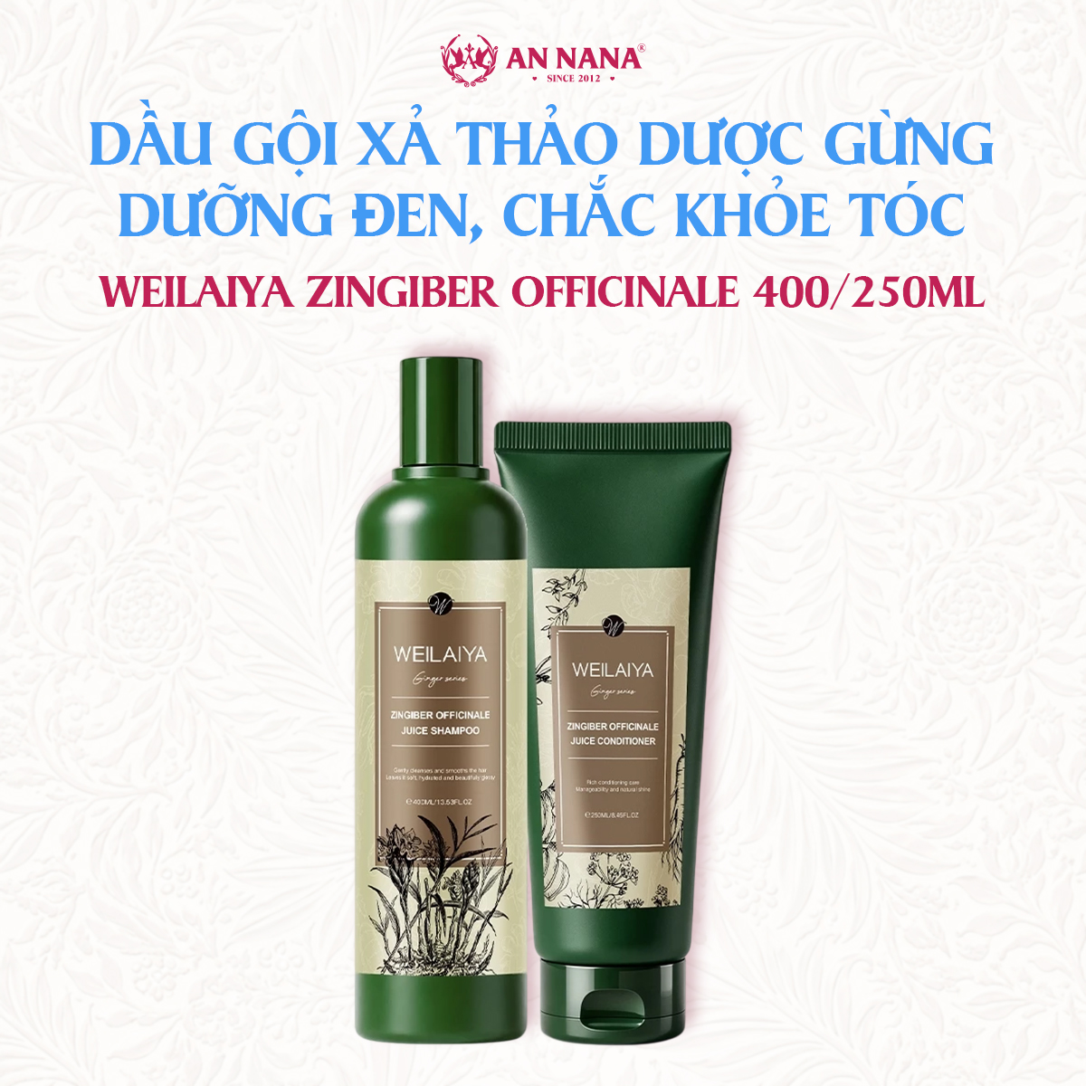 Bộ dầu gội xả Thảo dược Weilaiya Gừng Dưỡng đen, Chắc khỏe tóc, Kích thích phát triển 400/250ml