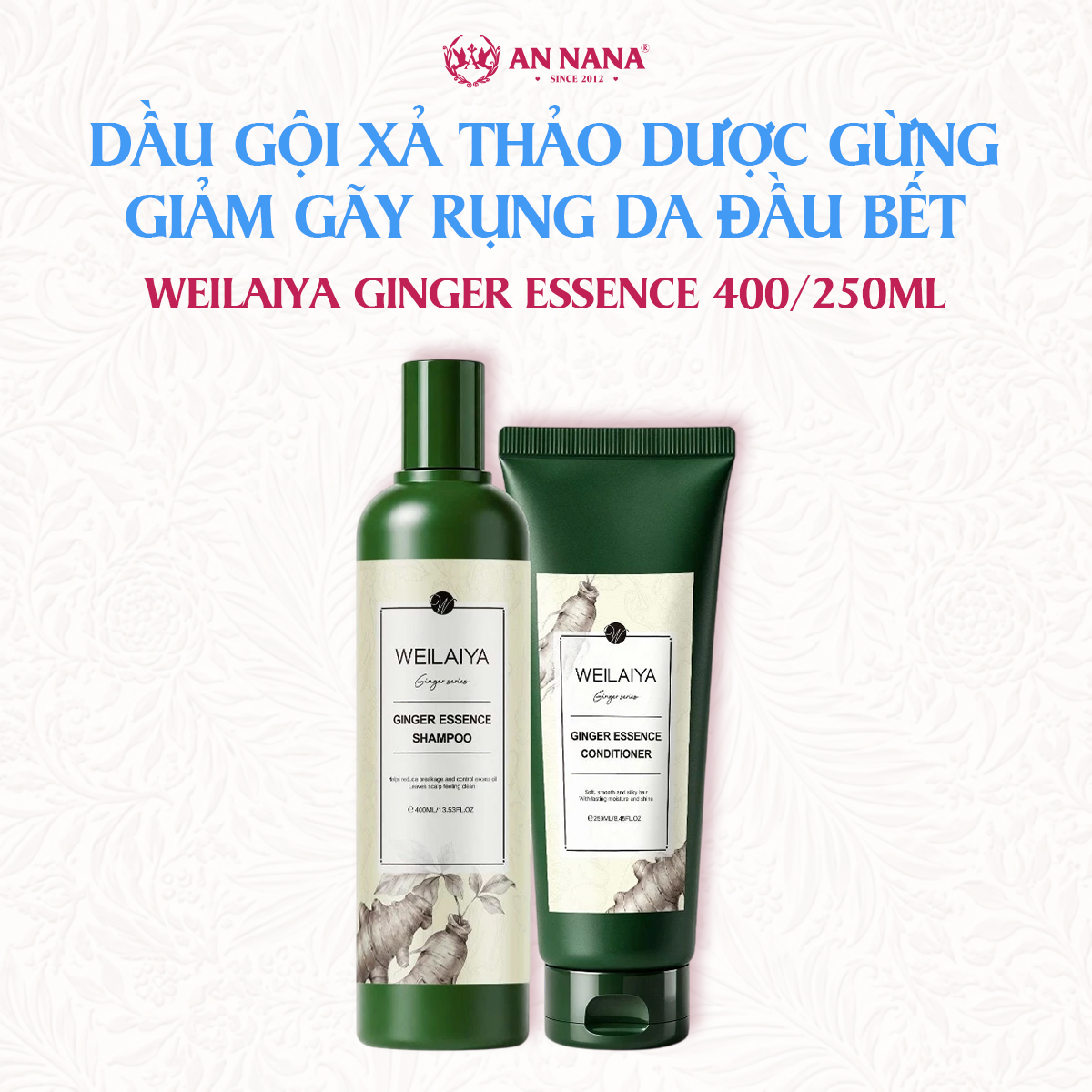 Bộ dầu gội xả Thảo dược Weilaiya Gừng trắng nhân sâm Giảm gãy rụng da đầu bết 400/250ml
