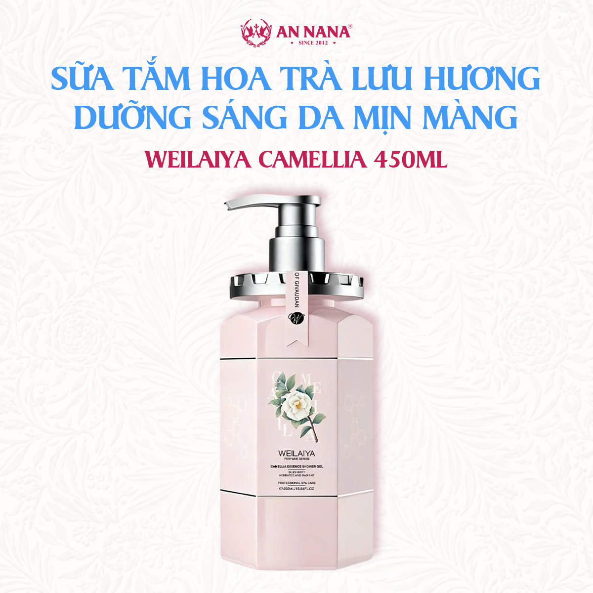 Sữa tắm dưỡng sáng da mịn màng Weilaiya Hoa trà lưu hương cho mọi loại da 450ml