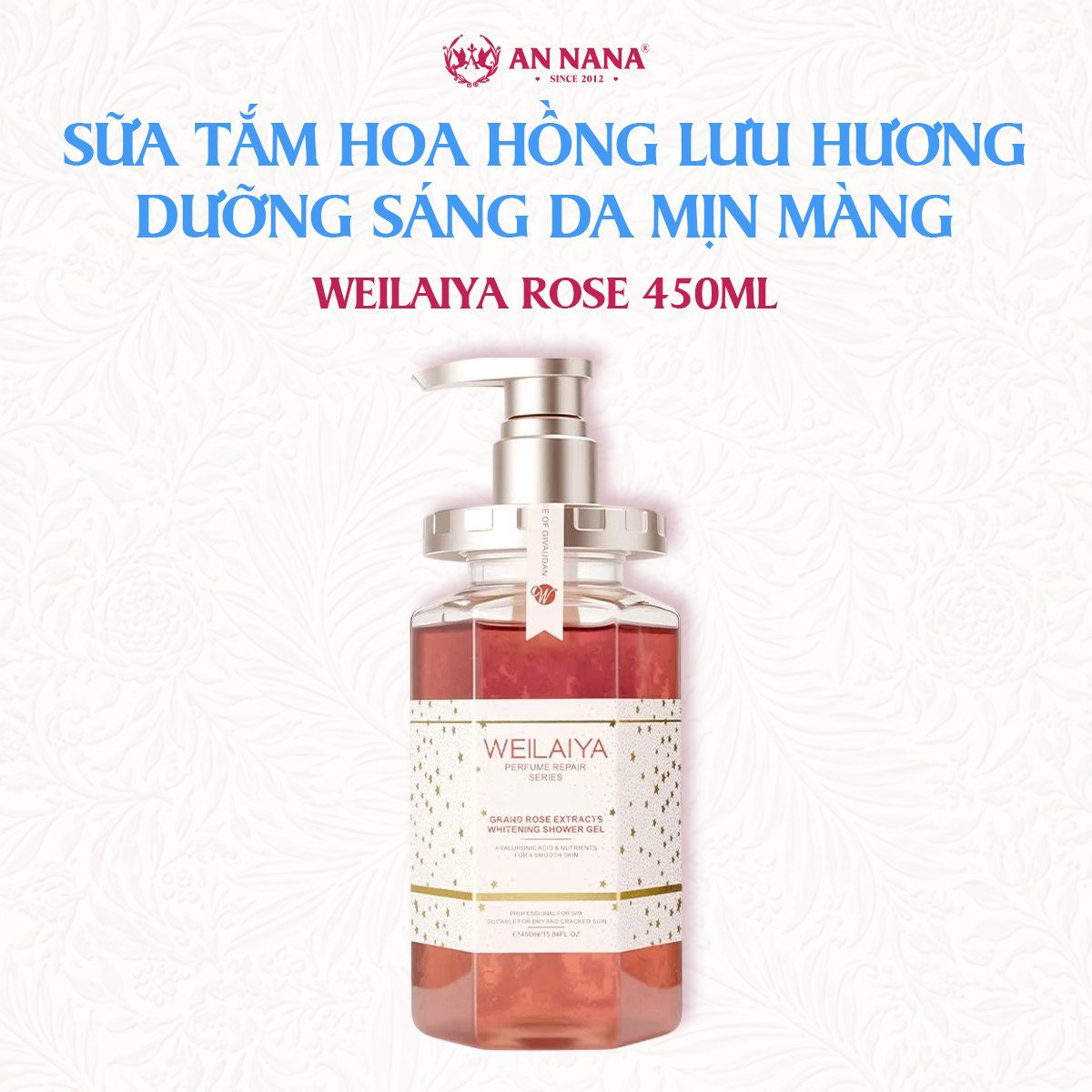 Sữa tắm dưỡng sáng da mịn màng Weilaiya Hoa hồng lưu hương cho mọi loại da 450ml