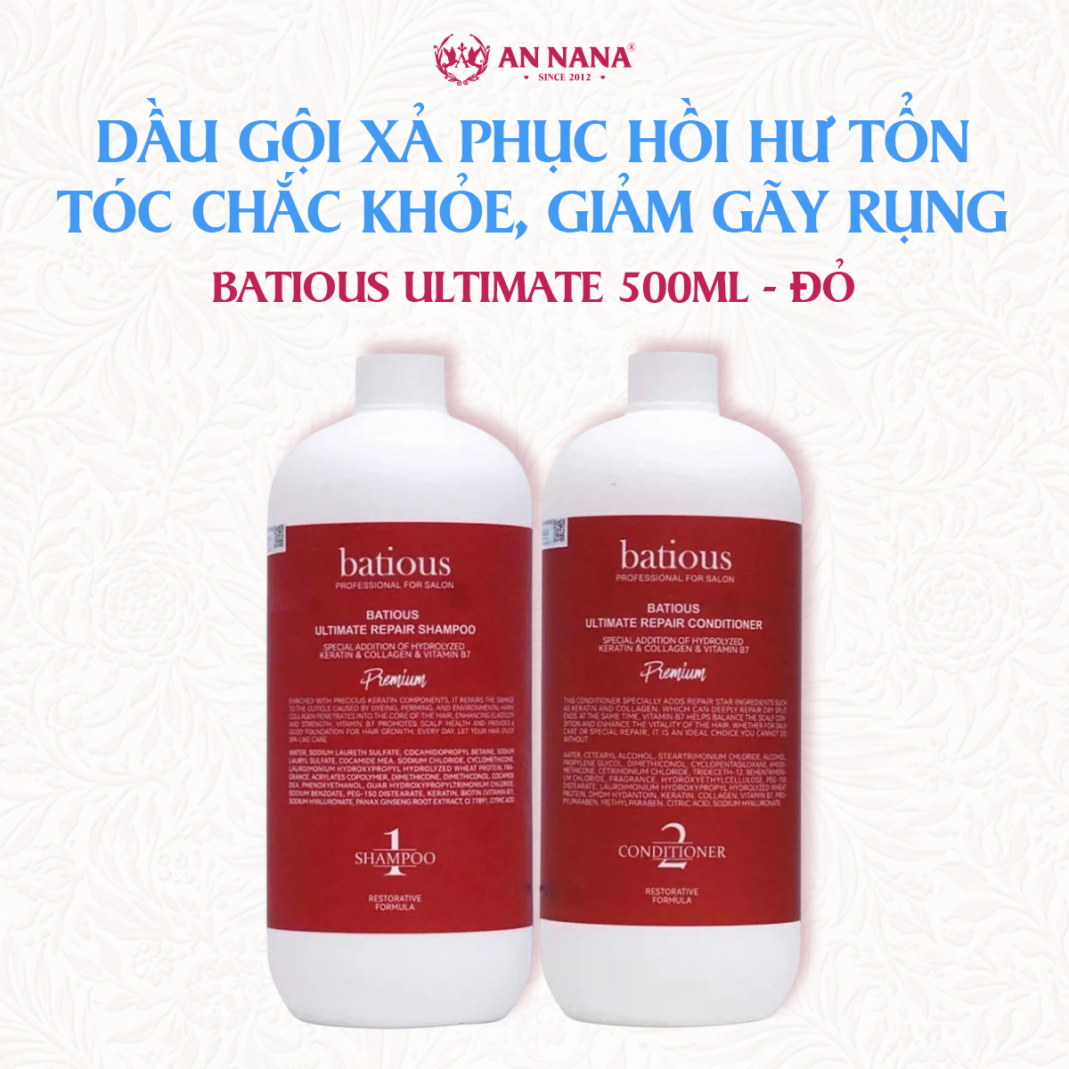 Bộ dầu gội xả Phục hồi hư tổn tóc chắc khỏe, giảm gãy rụng BATIOUS ULTIMATE 500ml - đỏ