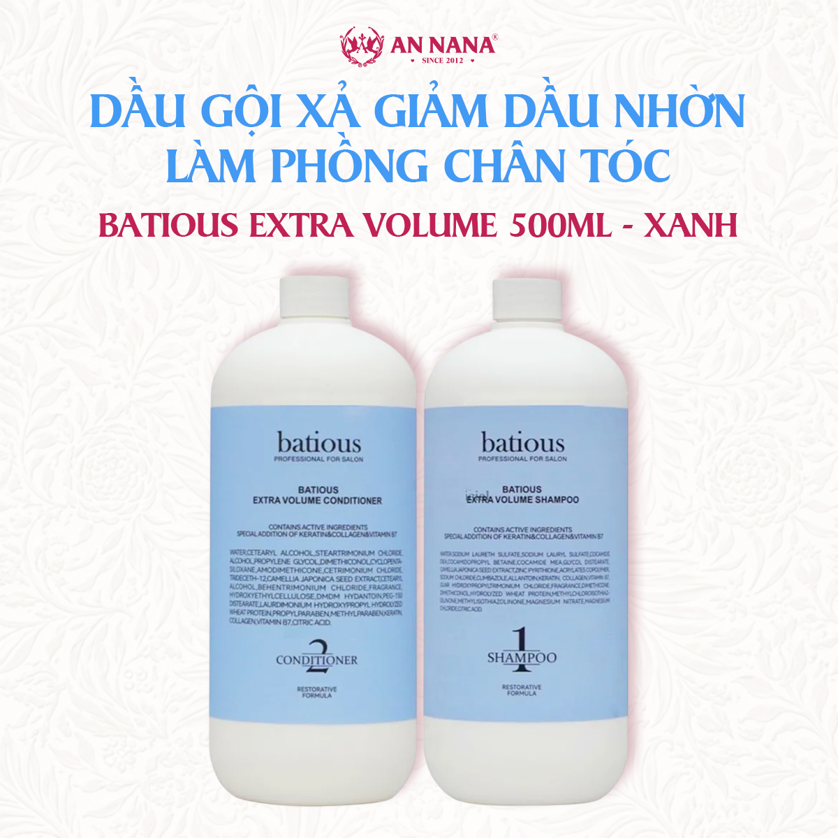 Bộ dầu gội xả Giảm dầu nhờn, làm phồng chân tóc BATIOUS Extra Volume 500ml - xanh