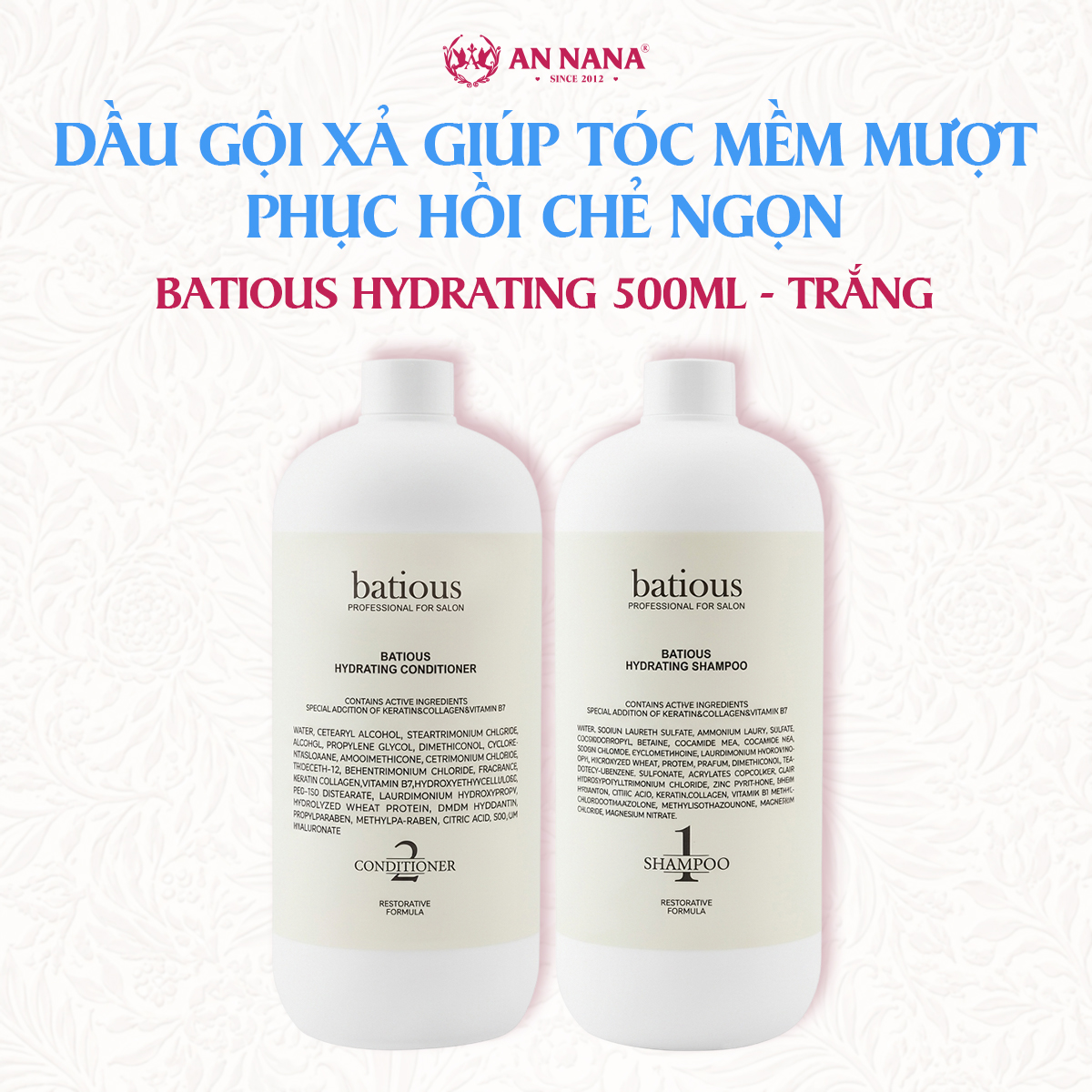 Bộ dầu gội xả Giúp tóc mềm mượt, Phục hồi chẻ ngọn BATIOUS Hydrating 500ml - trắng