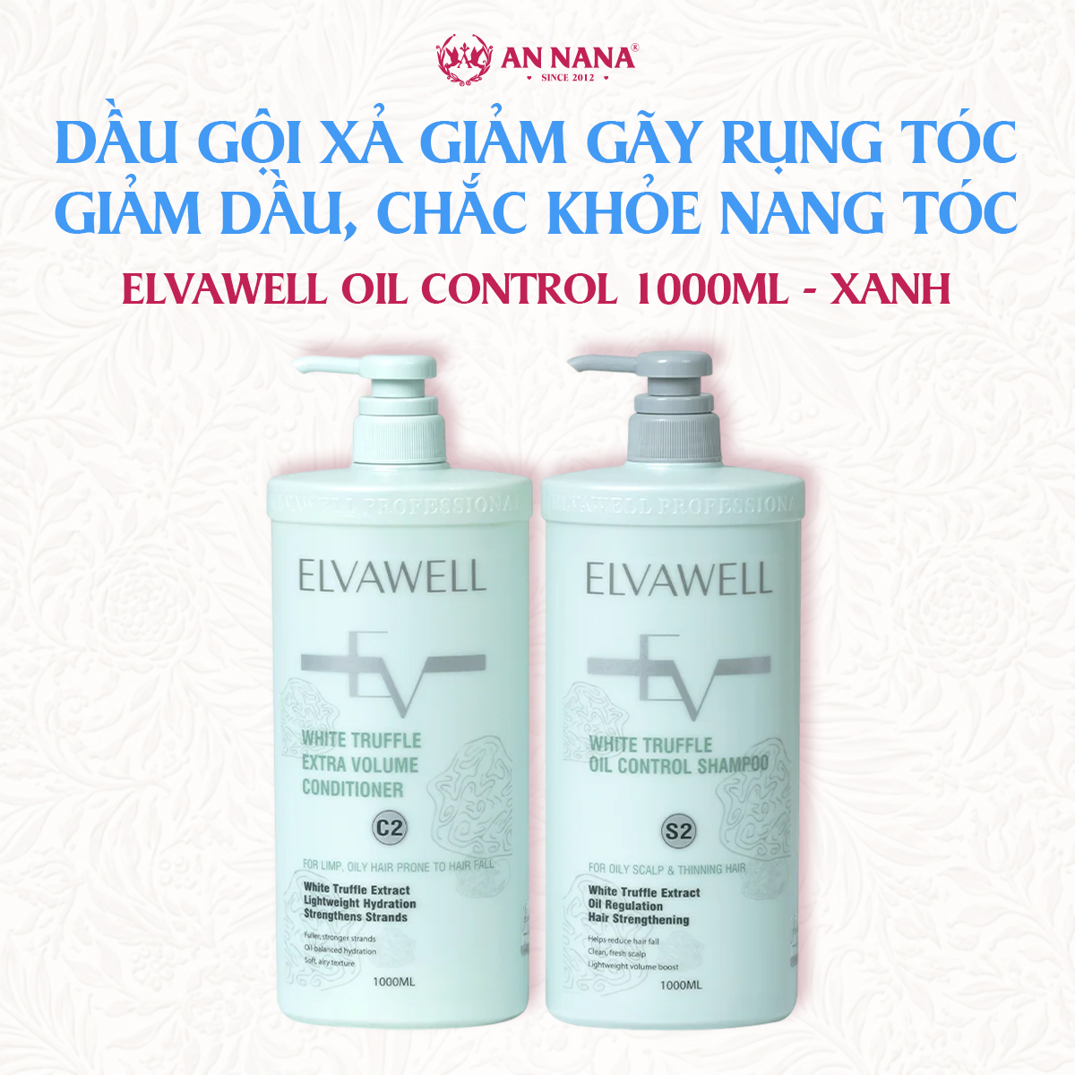 Dầu Gội Giảm Gãy Rụng Tóc Sạch Dầu Bết Elvawell 1000ml, Cân Bằng Dầu, Chắc Khỏe Nang Tóc - Xanh