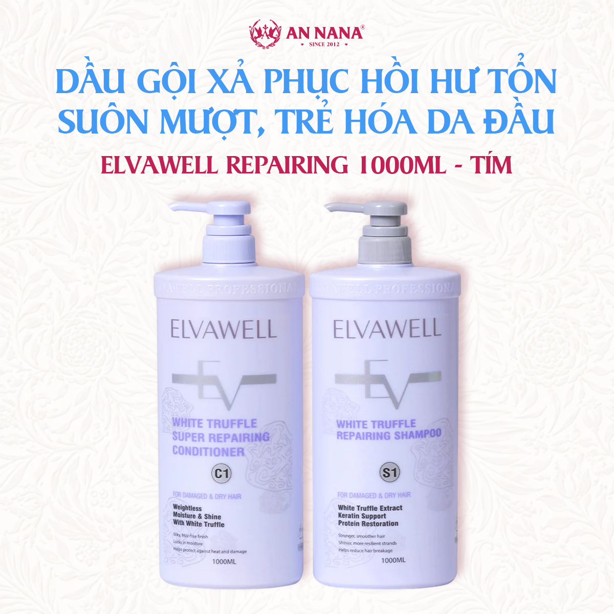 Bộ Dầu Gội Xả Phục Hồi Hư Tổn Siêu Suôn Mượt Elvawell 1000ml, Trẻ Hóa Da Đầu - Tím