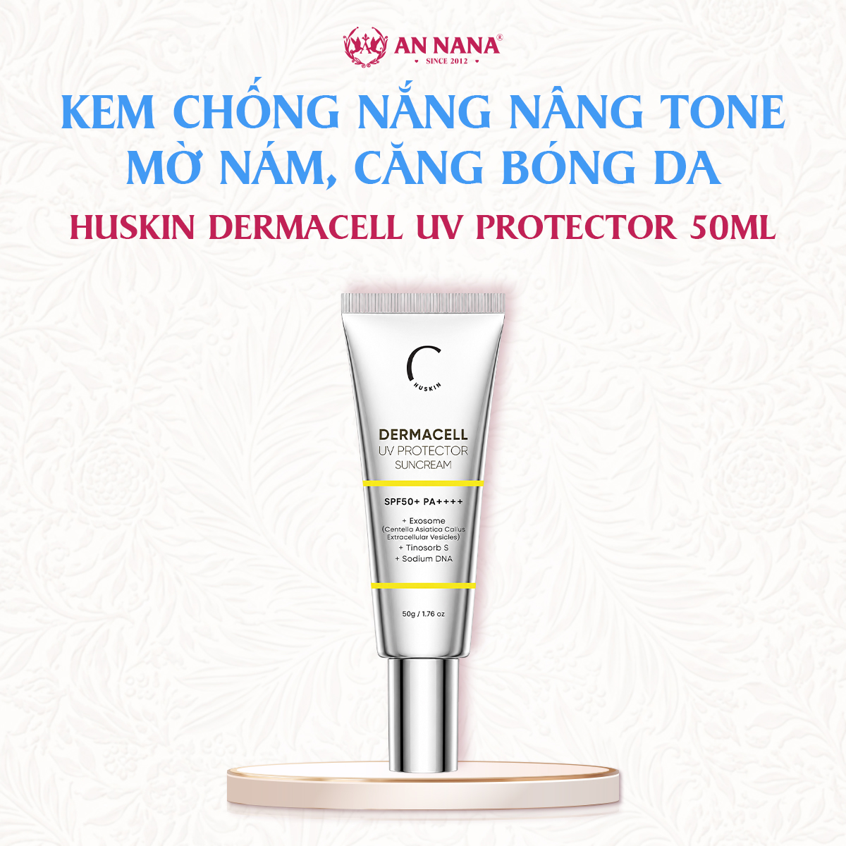 Kem chống nắng Nâng Tone Huskin Dermacell Mờ Nám, Căng Bóng Da SPF50+ 50ml