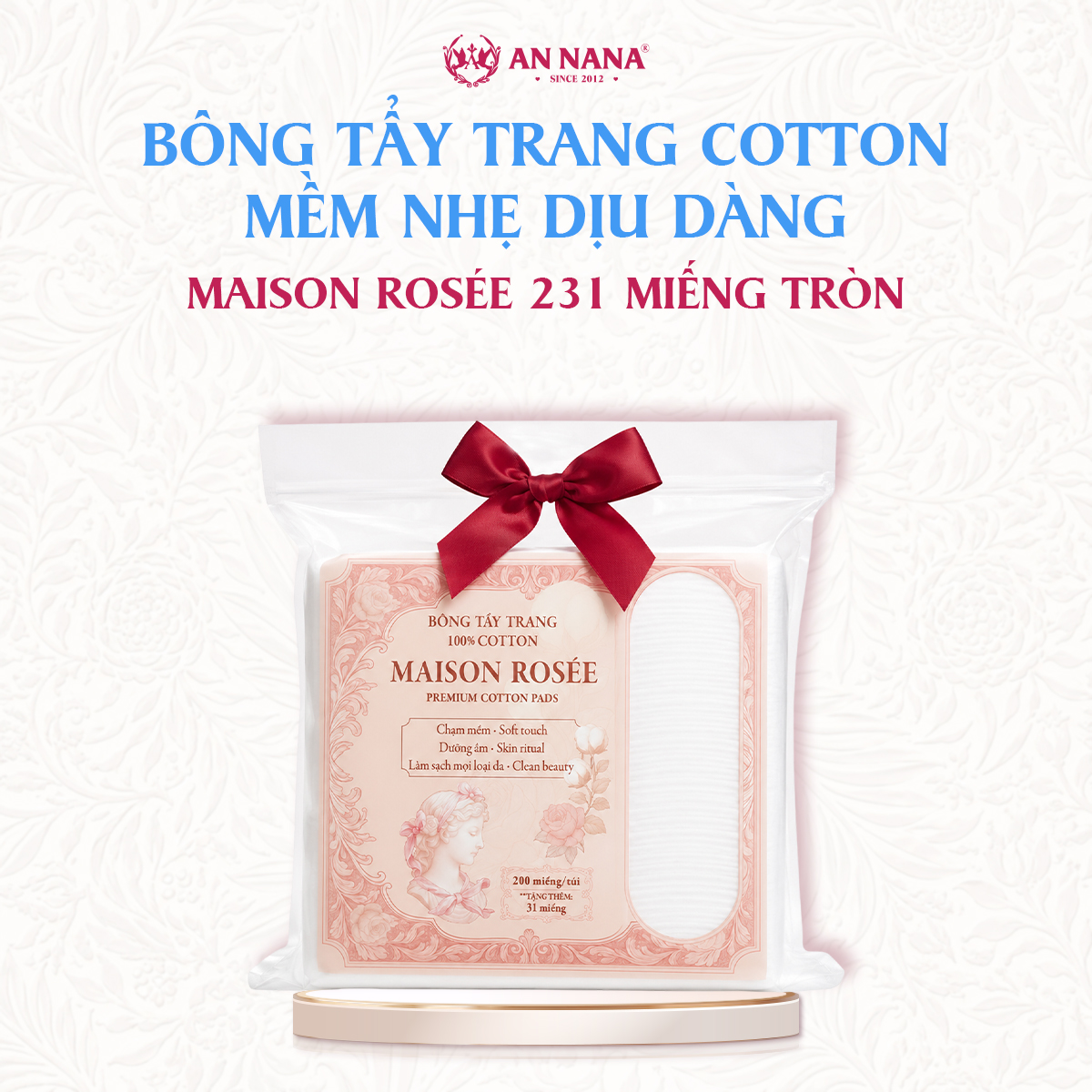 Bông tẩy trang cotton cao cấp Maison Rosée 231 miếng tròn mềm nhẹ dịu dàng