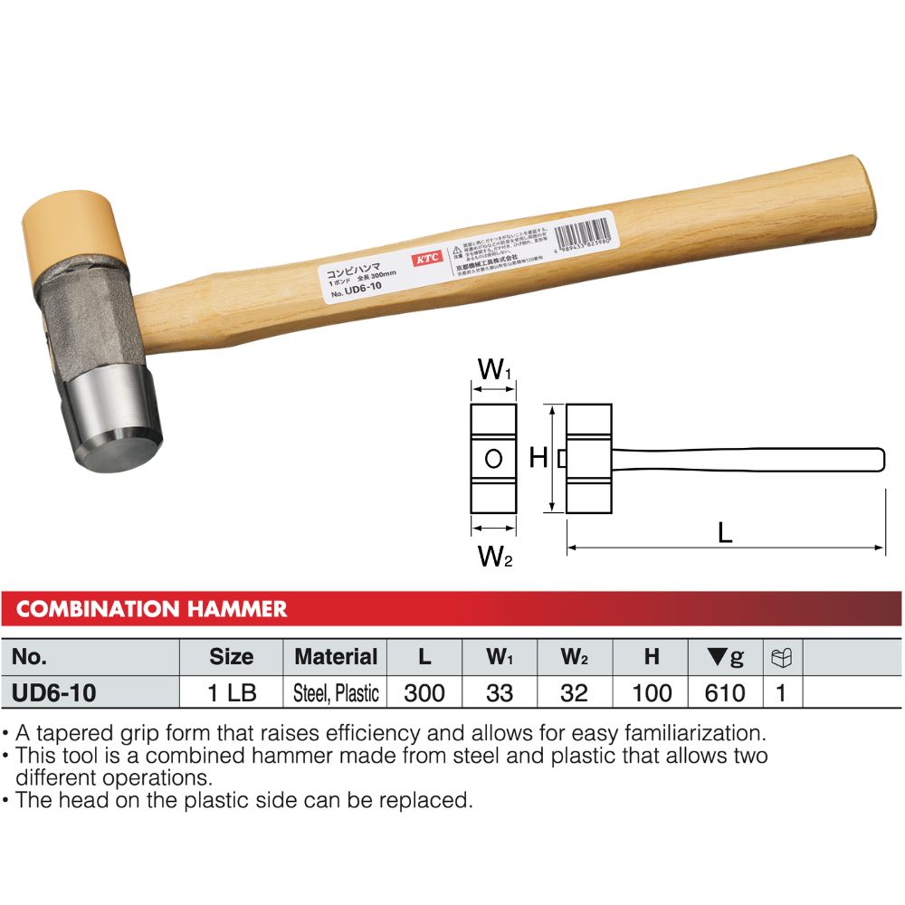 Thông số kỹ thuật Búa kết hợp đa năng hai mặt sắt nhựa 1 LB KTC UD6-10 chính hãng nội địa Nhật Bản
