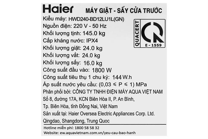 Máy giặt sấy Haier L+ Inverter giặt 24 kg - sấy 16 kg HWD240-BD12LU1L(GN)