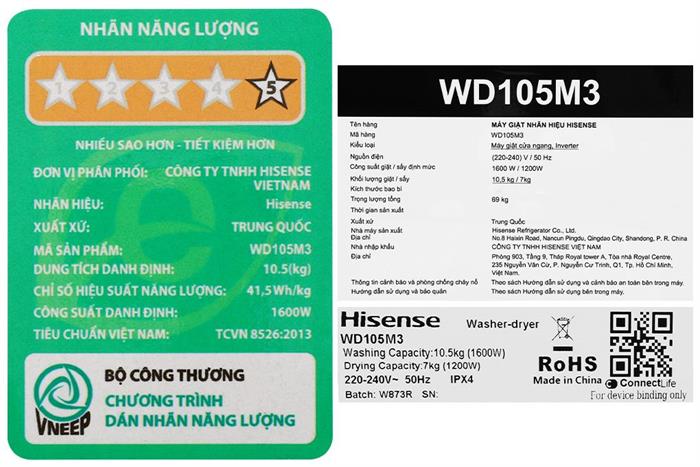 Máy giặt sấy Hisense Inverter giặt 10.5 kg - sấy 7 kg WD105M3
