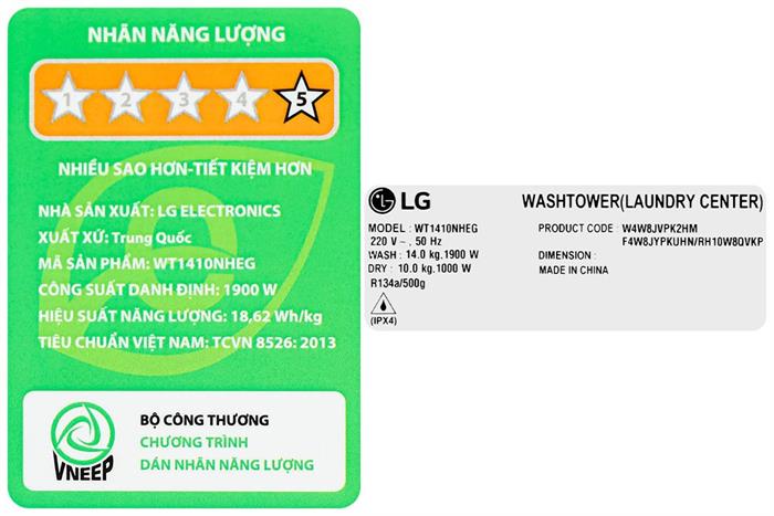 Máy giặt Tháp giặt sấy LG WashTower Inverter giặt 14 kg - sấy 10 kg WT1410NHEG