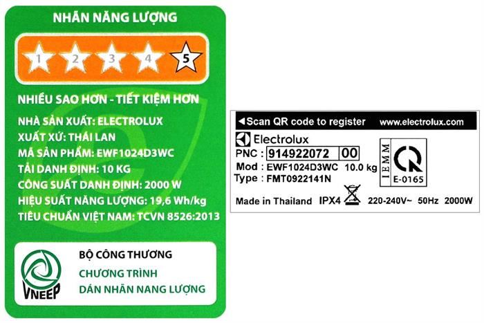 Máy giặt Electrolux UltimateCare 300 Inverter 10 kg EWF1024D3WC