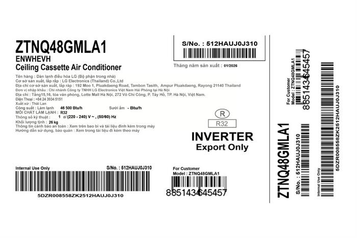 Máy lạnh âm trần LG Inverter 5 HP ZTNQ48GMLA1 (3 Pha)