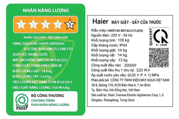 Máy giặt Tháp giặt sấy Haier Laundry Center Inverter giặt 14 kg - sấy 13 kg HWD140-BD14LCU1L(GN)